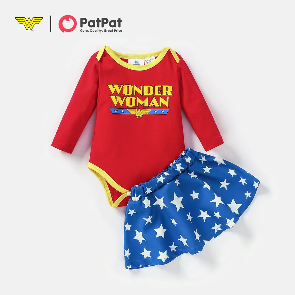 Wonder Woman 3-piece Baby Girl Cotton Bodysuit and Stars Allover Skirt Set with Headband Red