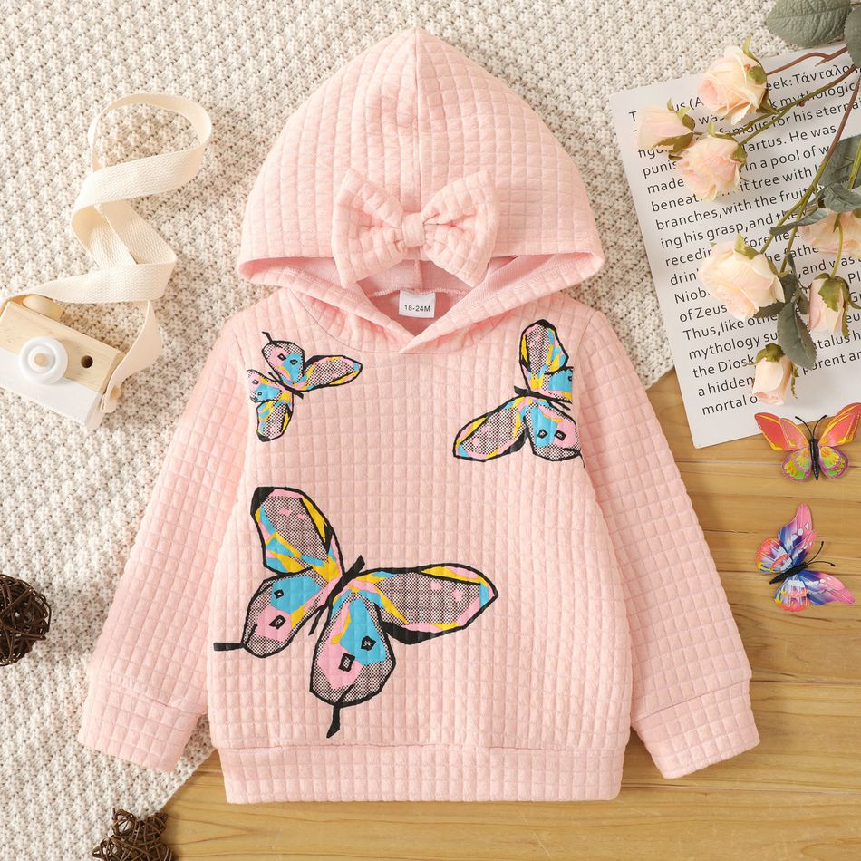 Toddler Girl Butterfly Print Bowknot Design Pink Hoodie Sweatshirt Pink