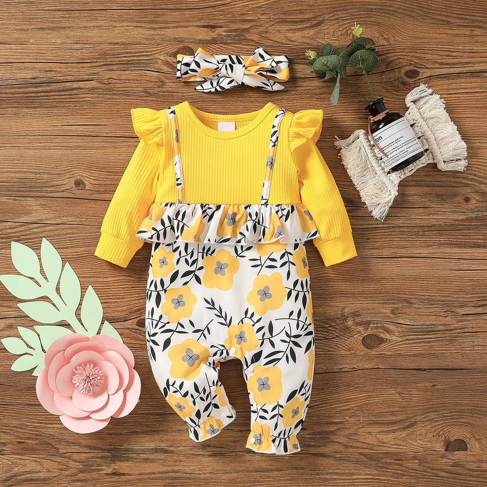 2pcs Baby Girl Yellow Ribbed Long-sleeve Faux-two Floral Print Ruffle Jumpsuit with Headband Set Yellow
