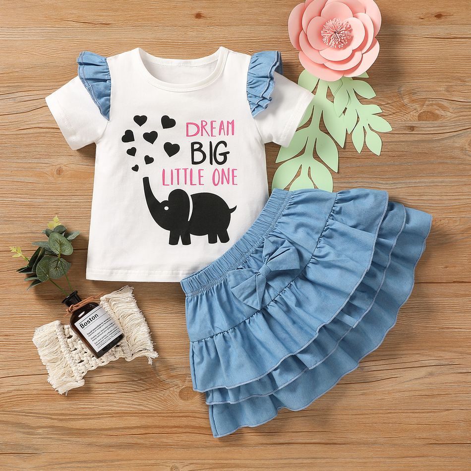2pcs Toddler Girl Heart Elephant Print Ruffled Short-sleeve Tee and Layered Denim Skirt Set White big image 1