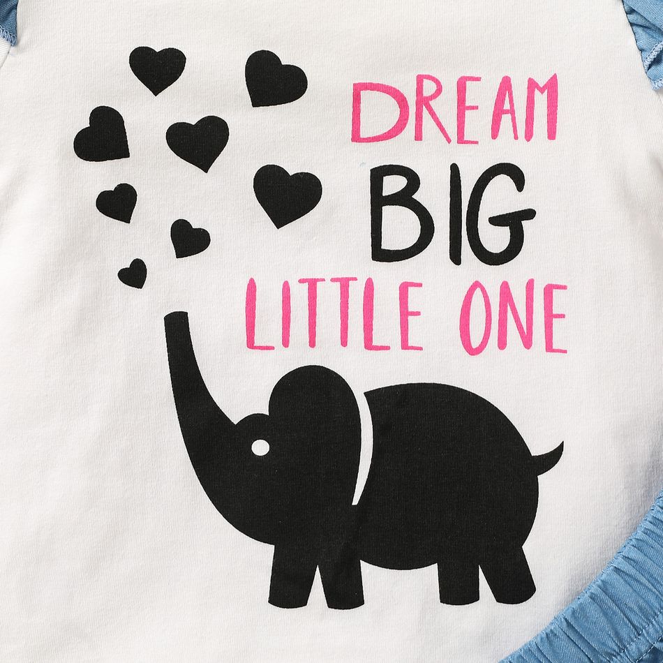 2pcs Toddler Girl Heart Elephant Print Ruffled Short-sleeve Tee and Layered Denim Skirt Set White big image 3