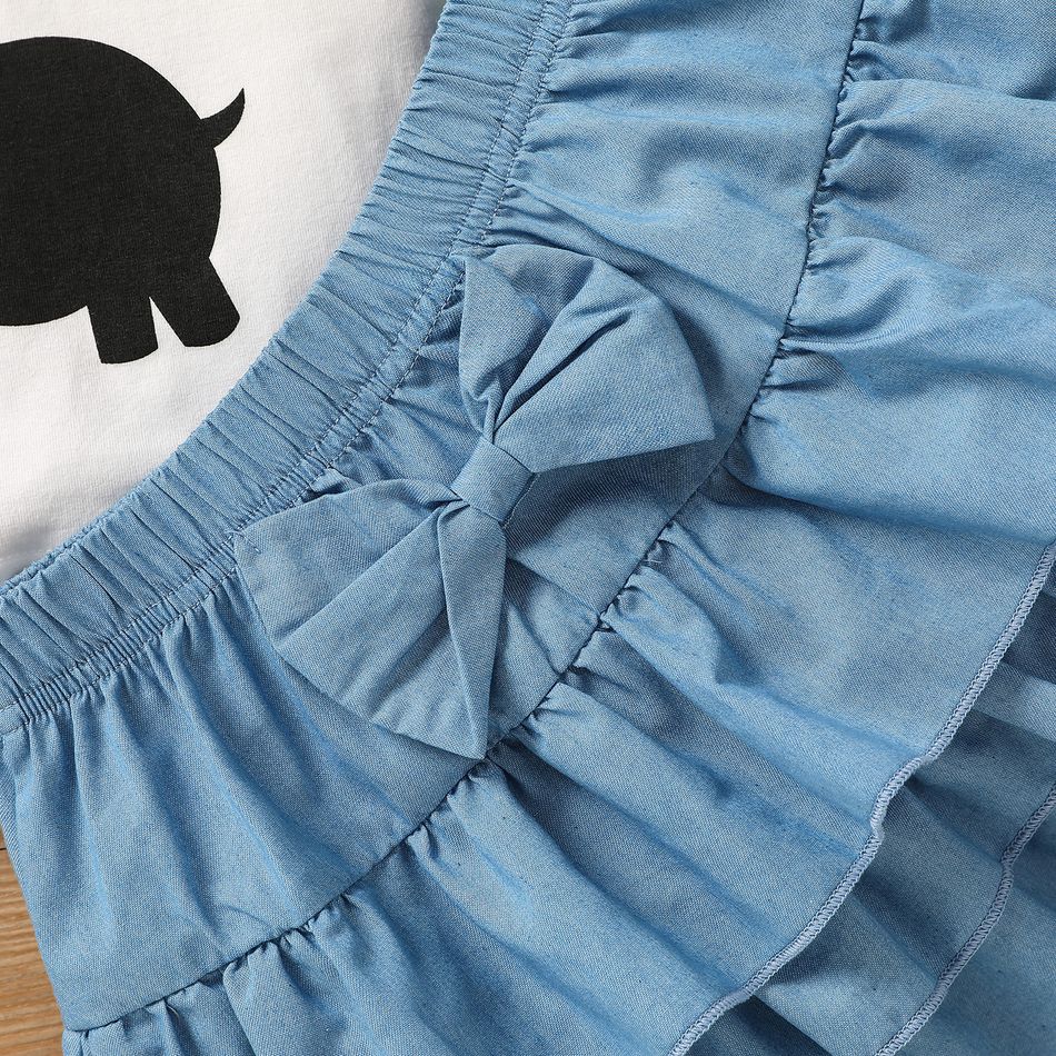2pcs Toddler Girl Heart Elephant Print Ruffled Short-sleeve Tee and Layered Denim Skirt Set White big image 4