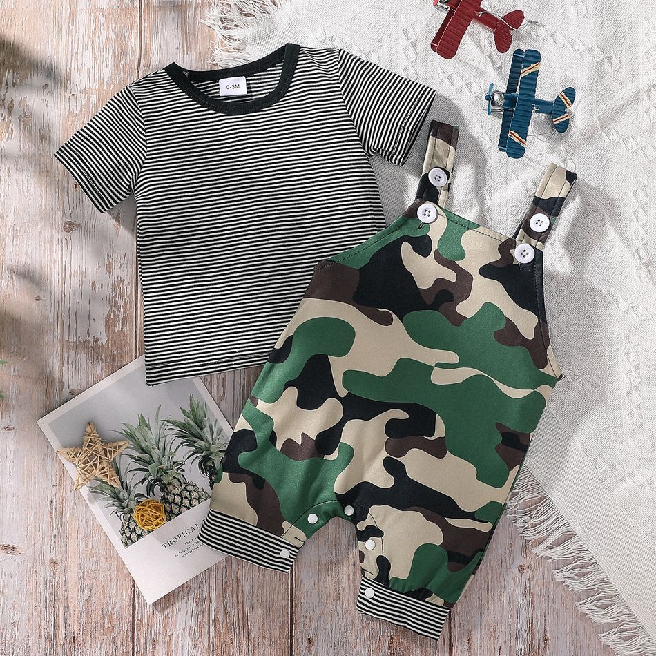 2pcs Baby Boy/Girl Striped Short-sleeve T-shirt and Camouflage Overalls Set Multi-color big image 1