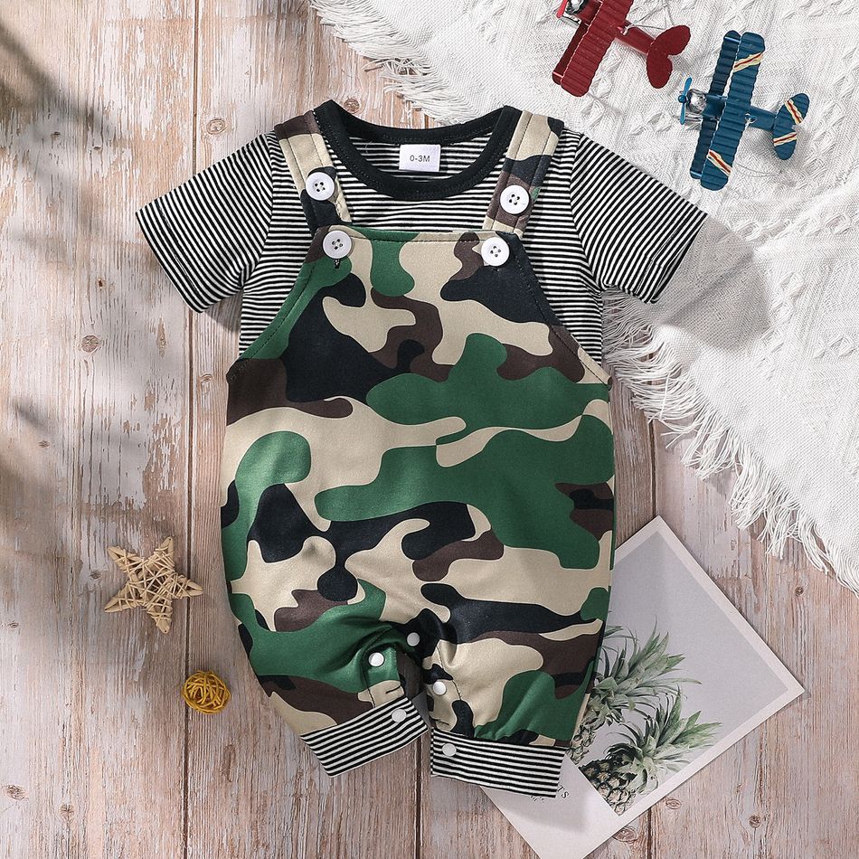 2pcs Baby Boy/Girl Striped Short-sleeve T-shirt and Camouflage Overalls Set Multi-color