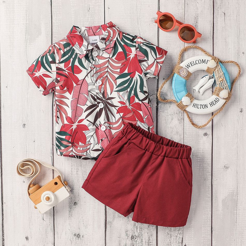 2pcs Baby Boy Short-sleeve Allover Tropical Plant Print Hawaiian Shirt and Solid Shorts Set MAROON