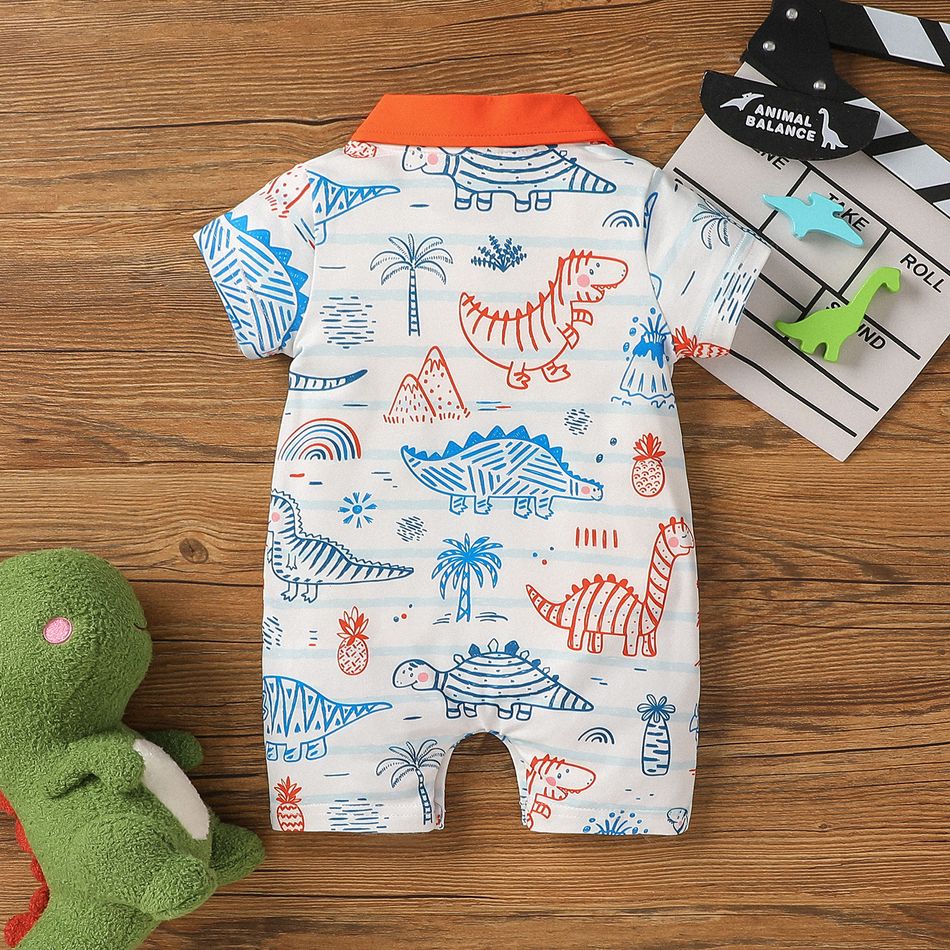 Baby Boy Contrast Collar All Over Dinosaur Print Short-sleeve Romper Multi-color