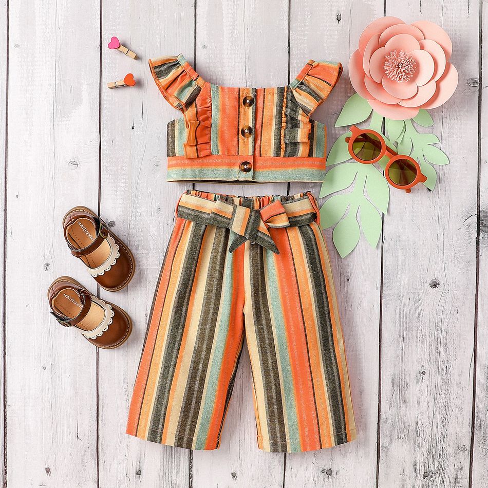 2pcs Baby Girl Button Front Striped Ruffle Trim Flutter-sleeve Crop Top and Belted Pants Set Multi-color