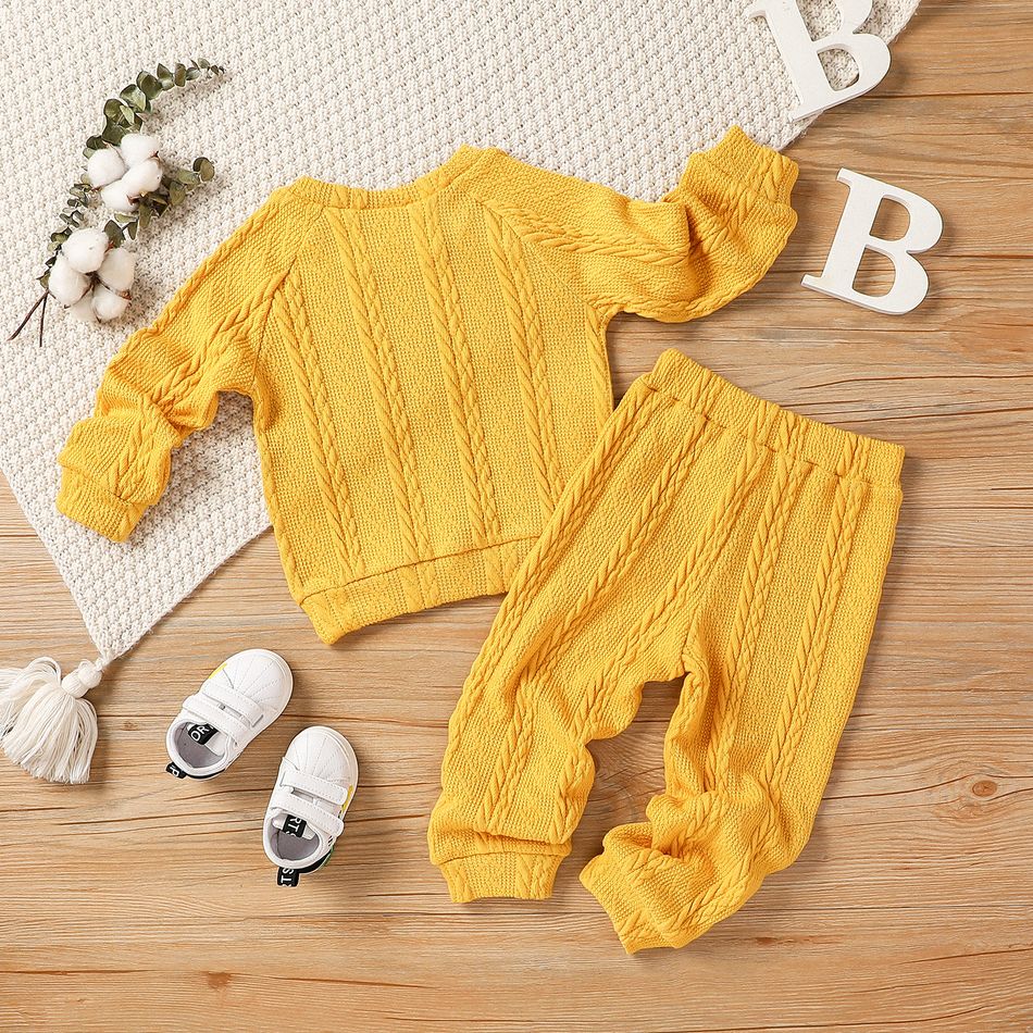 2pcs Toddler Boy Cable Knit Textured Solid Color Sweatshirt and Pants Set Yellow big image 7