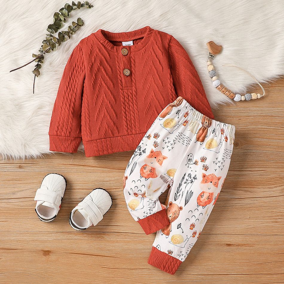 2pcs Baby Boy/Girl Cable Knit Long-sleeve Top and Allover Cartoon Animal Print Pants Set Brown