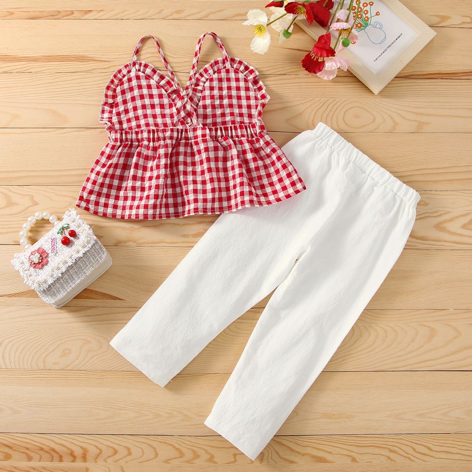 2-piece Toddler Girl Ruffled Plaid Camisole and Bowknot Design Elasticized Pants Set Red big image 1