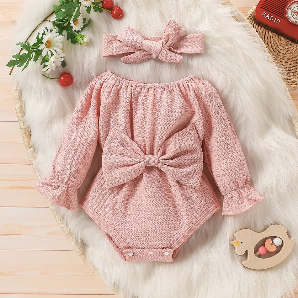 2pcs Baby Girl Solid Textured Bow Front Long-sleeve Romper with Headband Set Pink