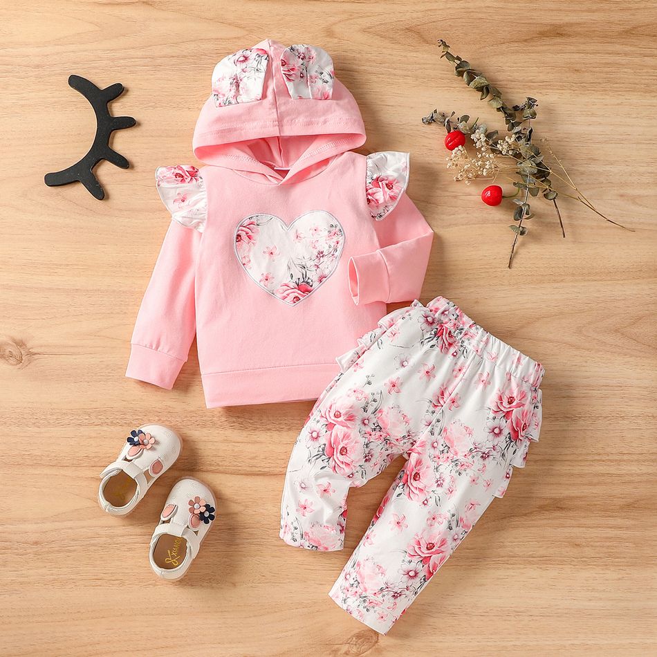 2pcs Baby Girl 95% Cotton Long-sleeve Floral Print Hoodie and Layered Ruffle Trim Pants Set Pink