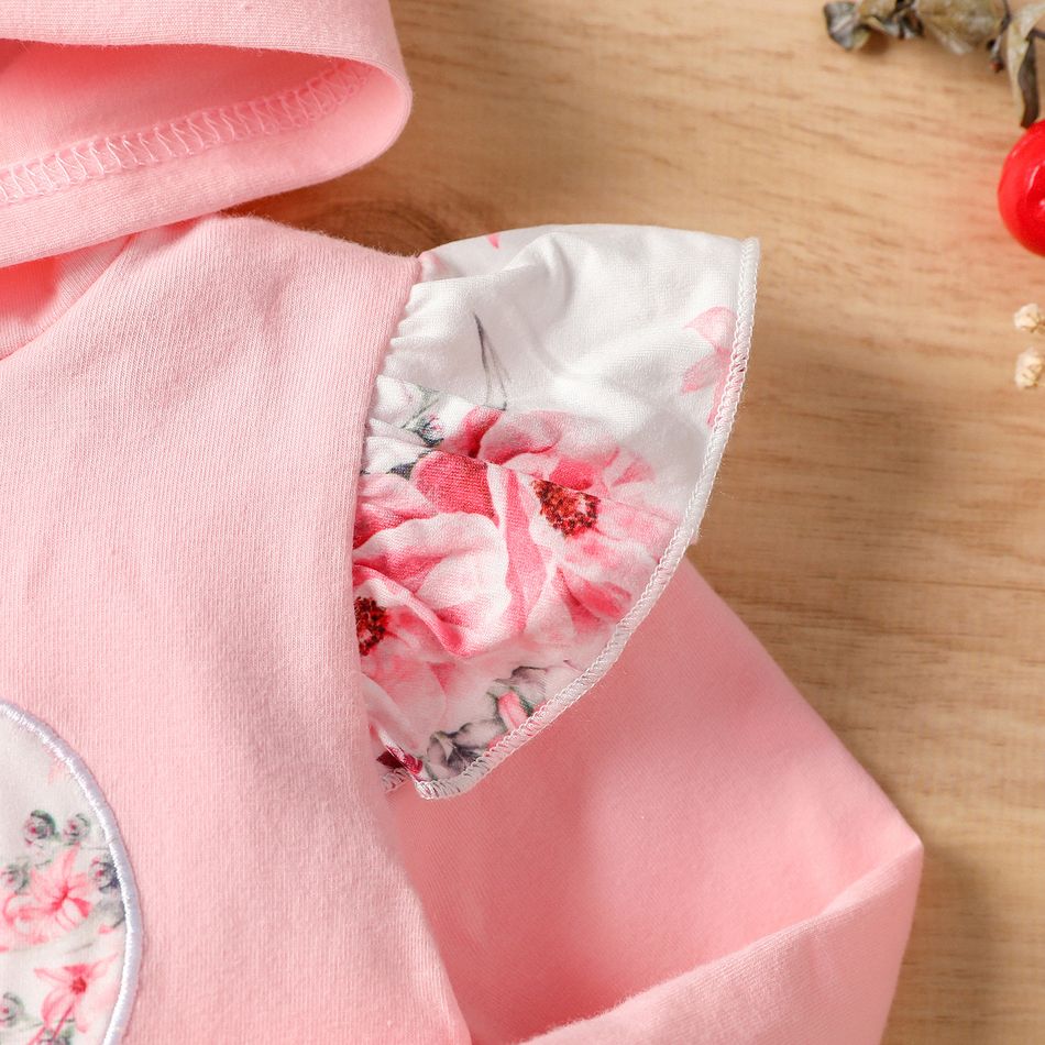 2pcs Baby Girl 95% Cotton Long-sleeve Floral Print Hoodie and Layered Ruffle Trim Pants Set Pink big image 4