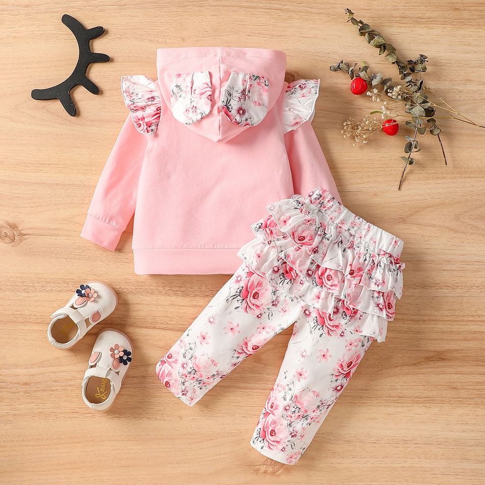 2pcs Baby Girl 95% Cotton Long-sleeve Floral Print Hoodie and Layered Ruffle Trim Pants Set Pink big image 2