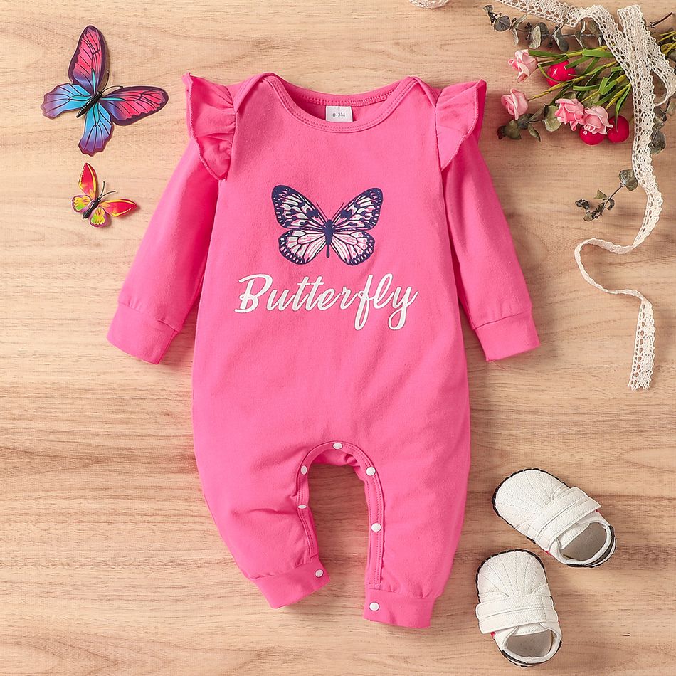 2-Pack Baby Girl 95% Cotton Ruffle Long-sleeve Butterfly Print Jumpsuits Set MultiColour big image 2