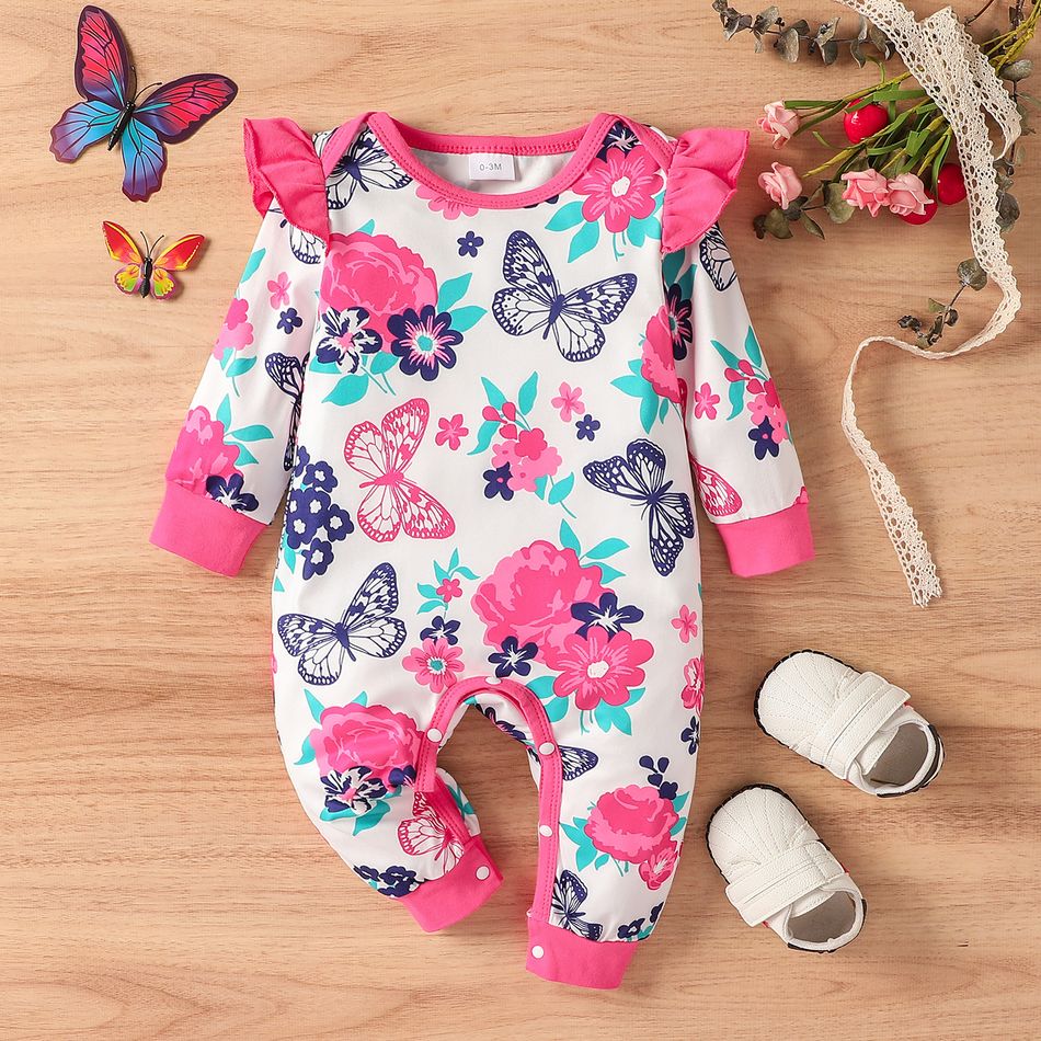 2-Pack Baby Girl 95% Cotton Ruffle Long-sleeve Butterfly Print Jumpsuits Set MultiColour big image 5