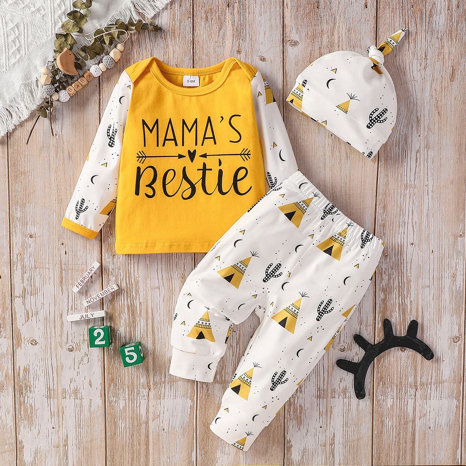 3pcs Baby Boy/Girl 95% Cotton Long-sleeve Letter Print Top and Allover Cactus Print Pants with Hat Set Yellow