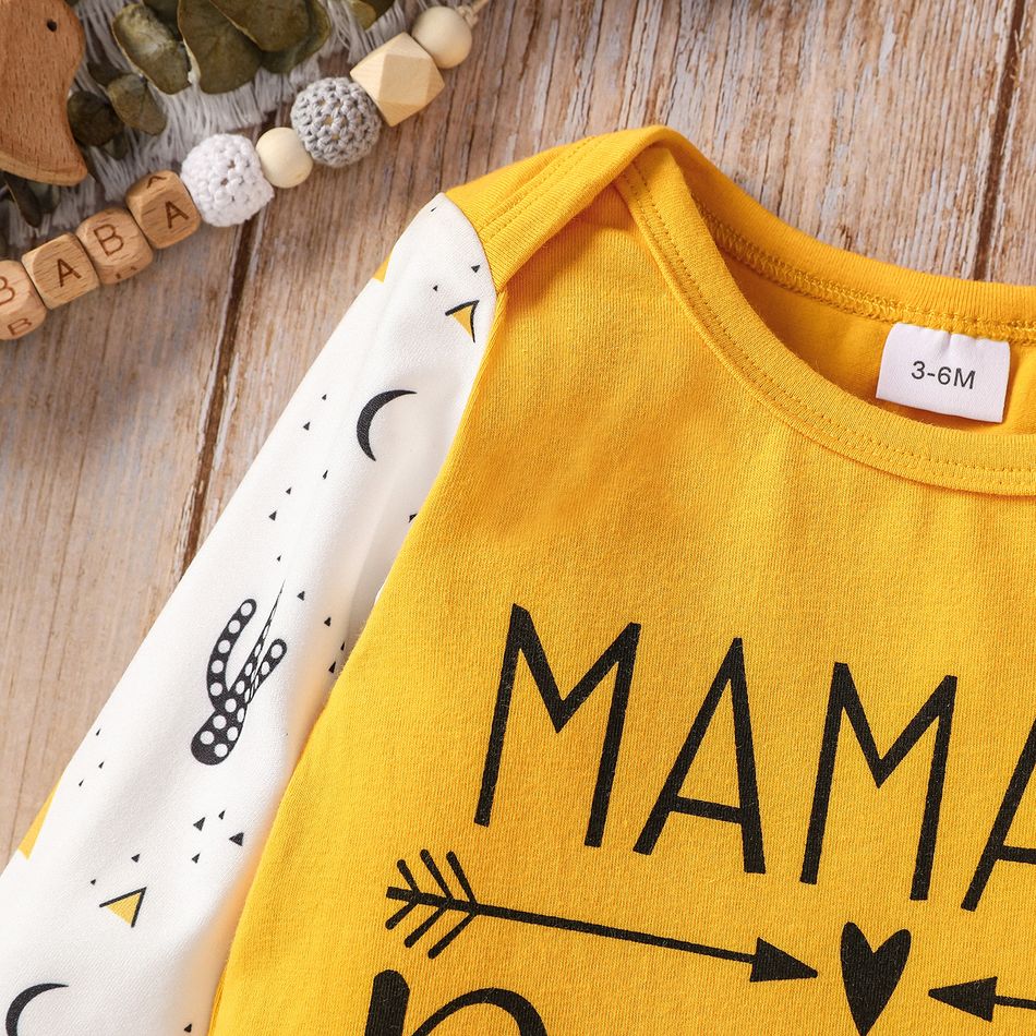 3pcs Baby Boy/Girl 95% Cotton Long-sleeve Letter Print Top and Allover Cactus Print Pants with Hat Set Yellow big image 3