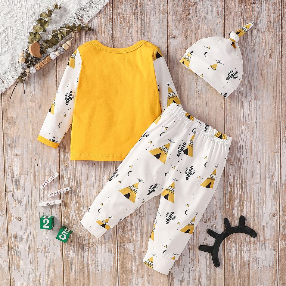 3pcs Baby Boy/Girl 95% Cotton Long-sleeve Letter Print Top and Allover Cactus Print Pants with Hat Set Yellow big image 2