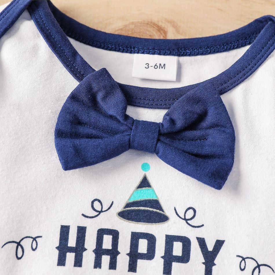 Birthday 2pcs Baby Boy 95% Cotton Long-sleeve Letter Print Bow Tie Decor Jumpsuit with Hat Set White big image 3