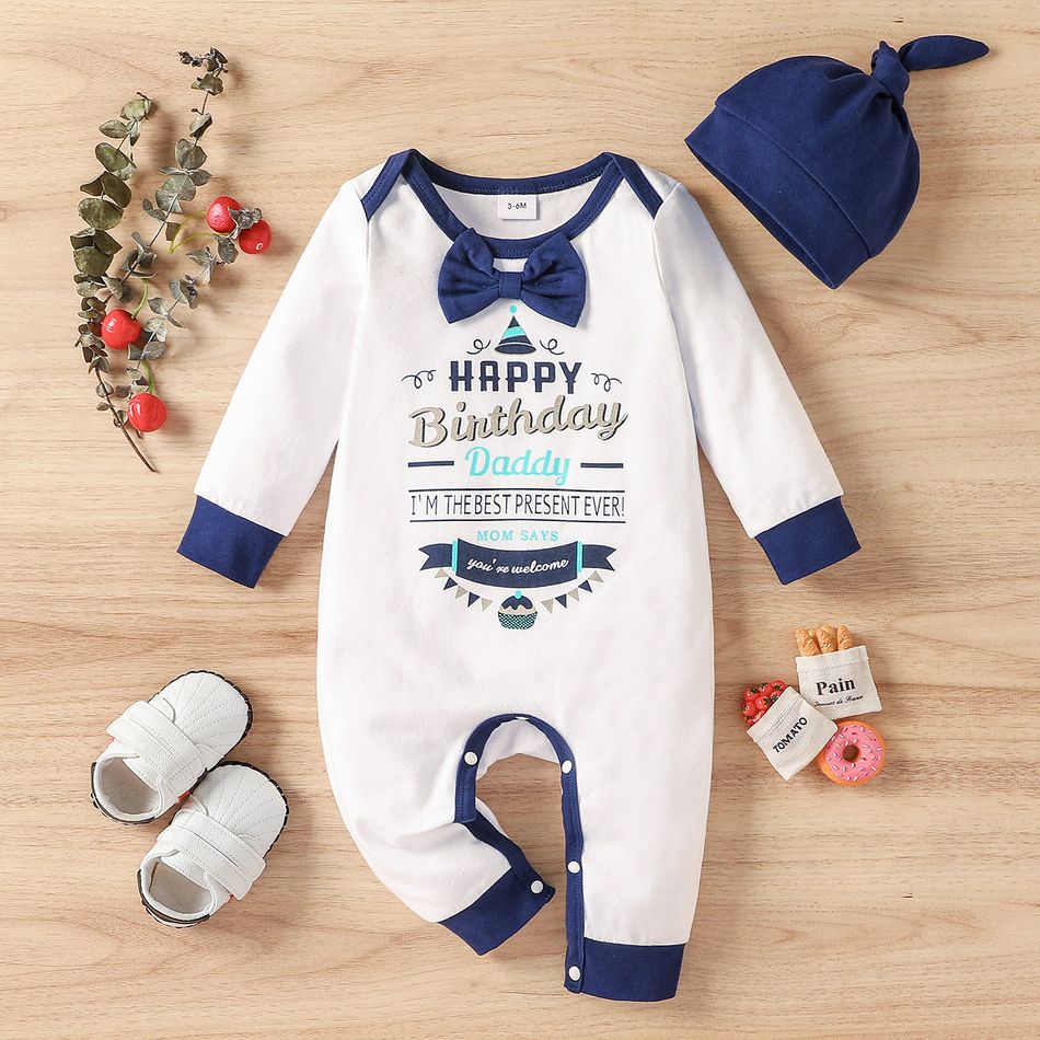 Birthday 2pcs Baby Boy 95% Cotton Long-sleeve Letter Print Bow Tie Decor Jumpsuit with Hat Set White