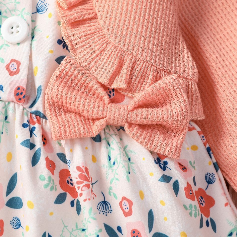 2pcs Baby Girl Faux-two Long-sleeve Rib Knit Bow Front Spliced Floral Print Dress with Headband Set Pink big image 4