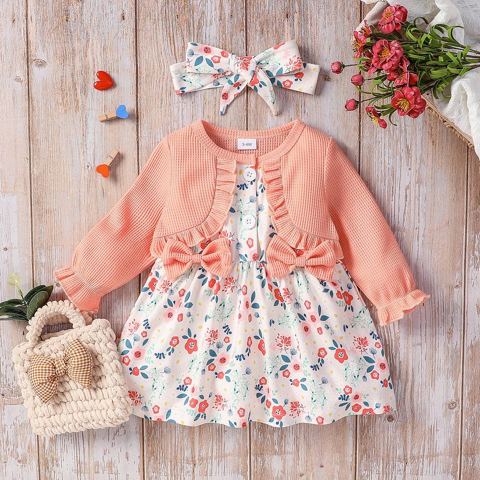2pcs Baby Girl Faux-two Long-sleeve Rib Knit Bow Front Spliced Floral Print Dress with Headband Set Pink