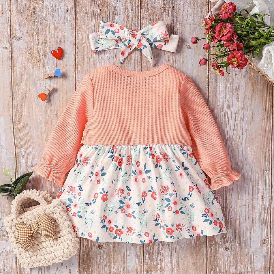 2pcs Baby Girl Faux-two Long-sleeve Rib Knit Bow Front Spliced Floral Print Dress with Headband Set Pink big image 2