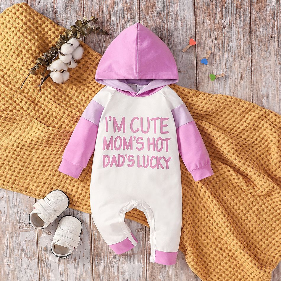 Baby Girl 95% Cotton Letter Print Colorblock Long-sleeve Hooded Jumpsuit Purple