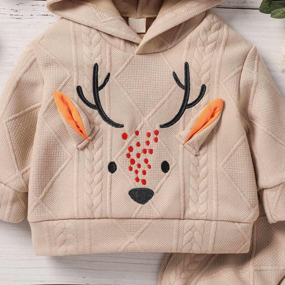2pcs Baby Boy/Girl Deer Embroidered Long-sleeve Textured Hoodie and Sweatpants Set Khaki big image 3