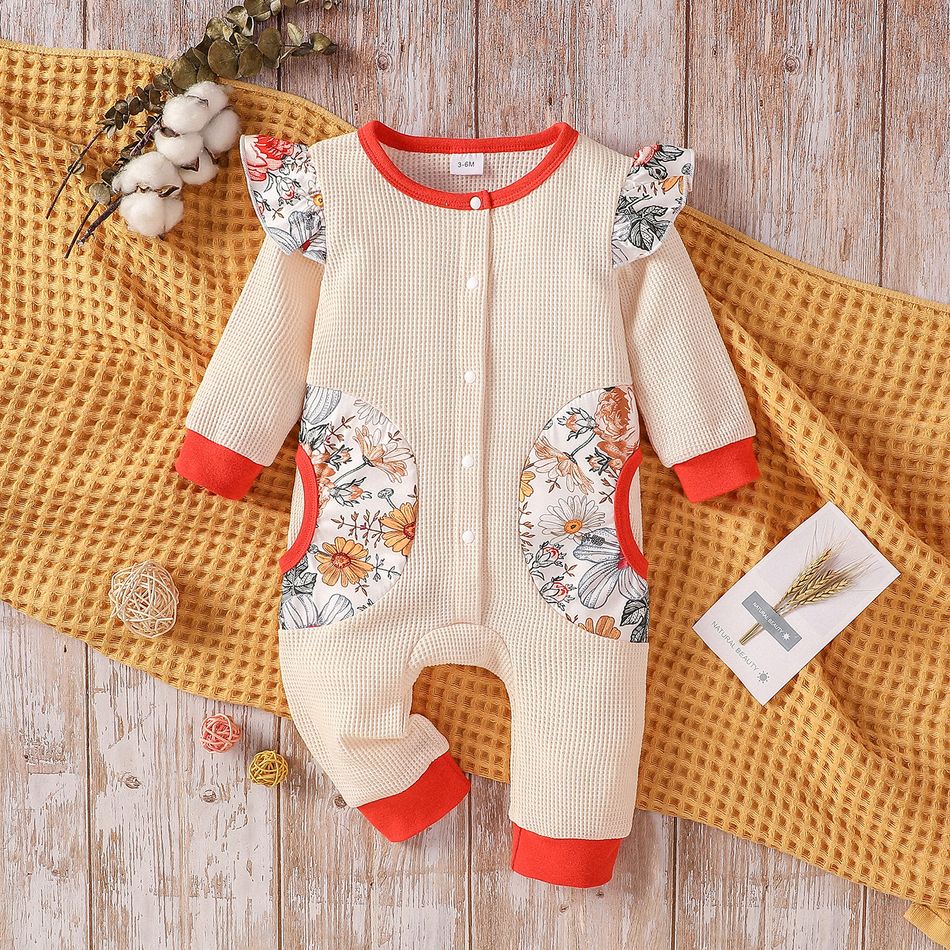 Baby Girl Waffle Textured Spliced Floral Print Ruffle Trim Long-sleeve Button Front Jumpsuit Beige