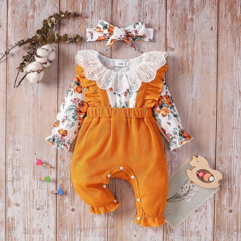 2pcs Baby Girl Ruffle Collar Floral Print Long-sleeve Waffle Jumpsuit with Headband Set Ginger-2