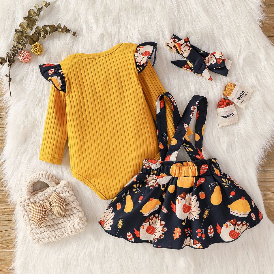Thanksgiving Day 3pcs Baby Girl 95% Cotton Rib Knit Ruffle Long-sleeve Romper and Allover Print Suspender Skirt with Headband Set Ginger big image 2