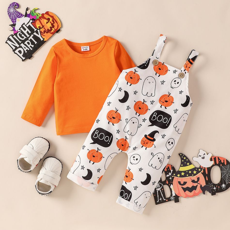 Halloween 2pcs Baby Boy/Girl 95% Cotton Long-sleeve Solid Tee and Allover Print Overalls Set Orange big image 1