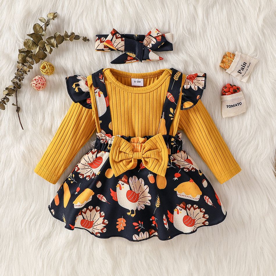 Thanksgiving Day 3pcs Baby Girl 95% Cotton Rib Knit Ruffle Long-sleeve Romper and Allover Print Suspender Skirt with Headband Set Ginger big image 3