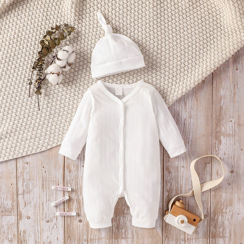 100% Cotton 2pcs Baby Boy/Girl Solid Textured Long-sleeve Button Jumpsuit with Hat Set White big image 1