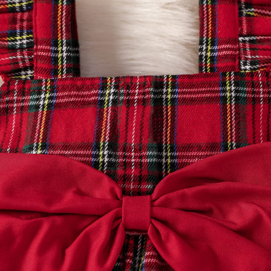 Christmas 2pcs Baby Girl Red Plaid Flutter-sleeve Bow Front Pom Poms Romper with Headband Set Red big image 3