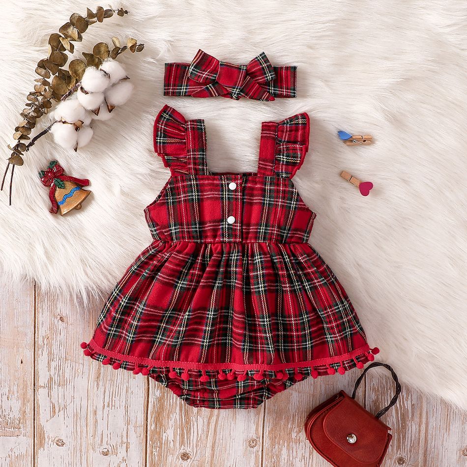 Christmas 2pcs Baby Girl Red Plaid Flutter-sleeve Bow Front Pom Poms Romper with Headband Set Red big image 2