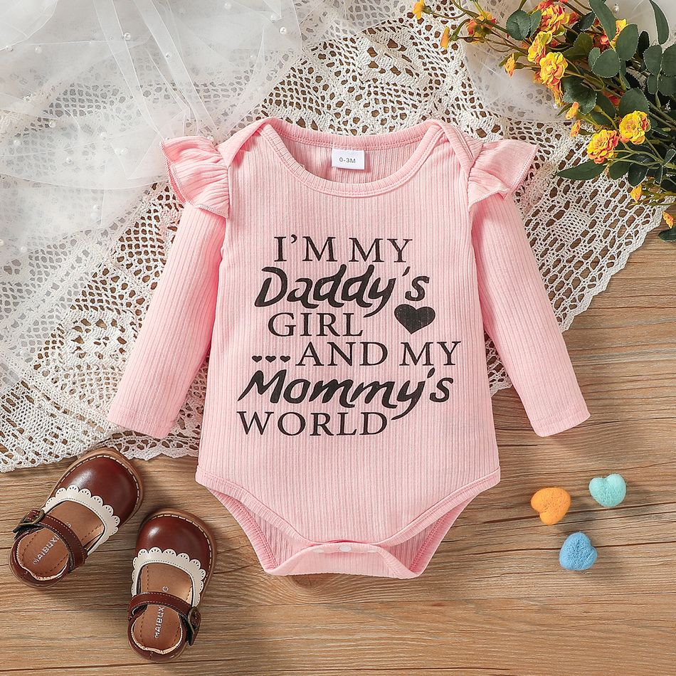 Baby Girl Letter Print Rib Knit Ruffle Long-sleeve Romper Pink big image 2