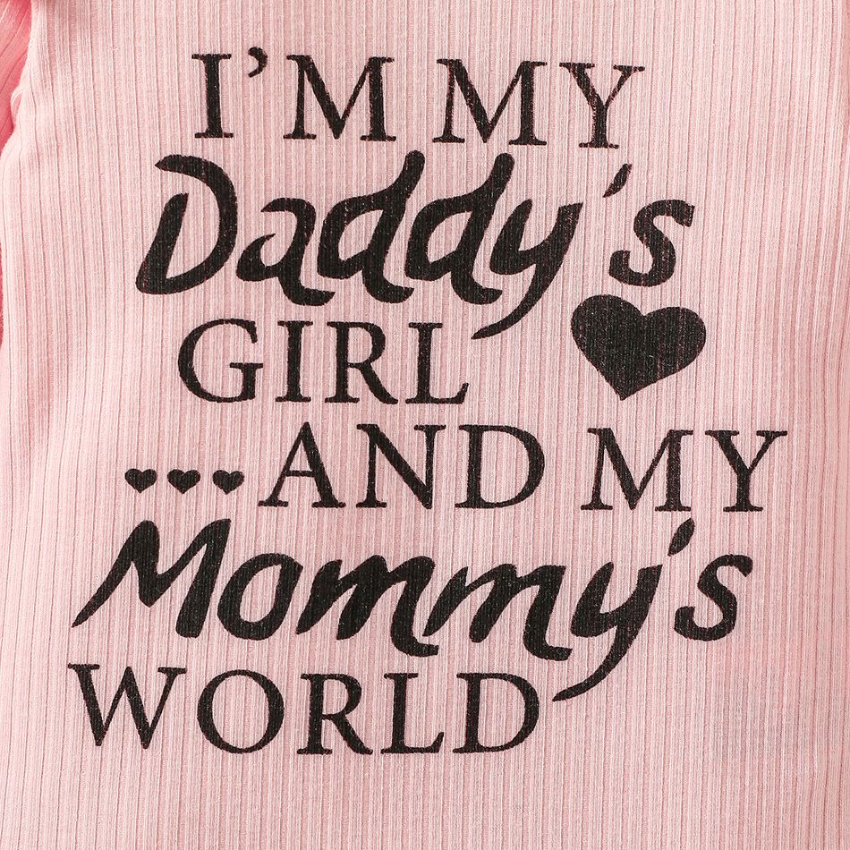 Baby Girl Letter Print Rib Knit Ruffle Long-sleeve Romper Pink big image 3