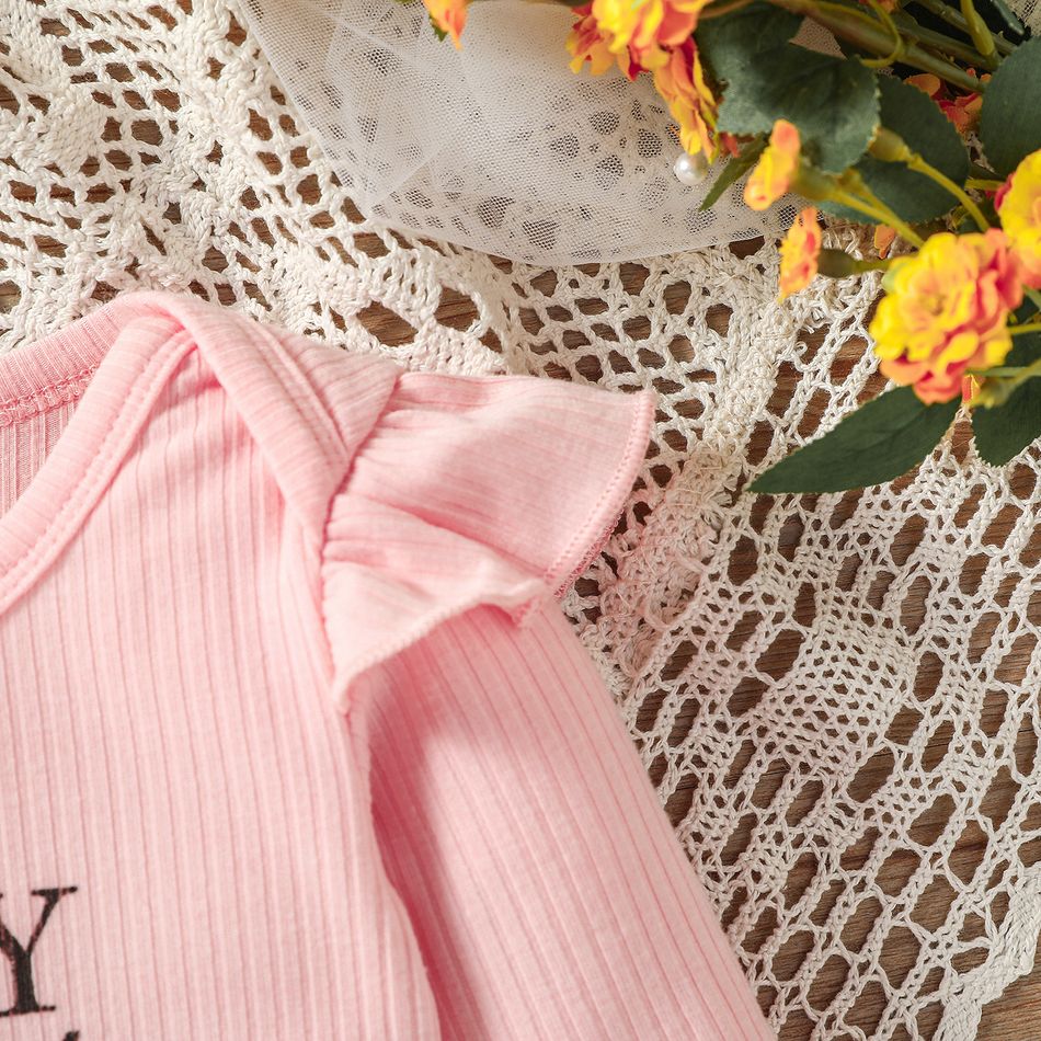 Baby Girl Letter Print Rib Knit Ruffle Long-sleeve Romper Pink big image 4