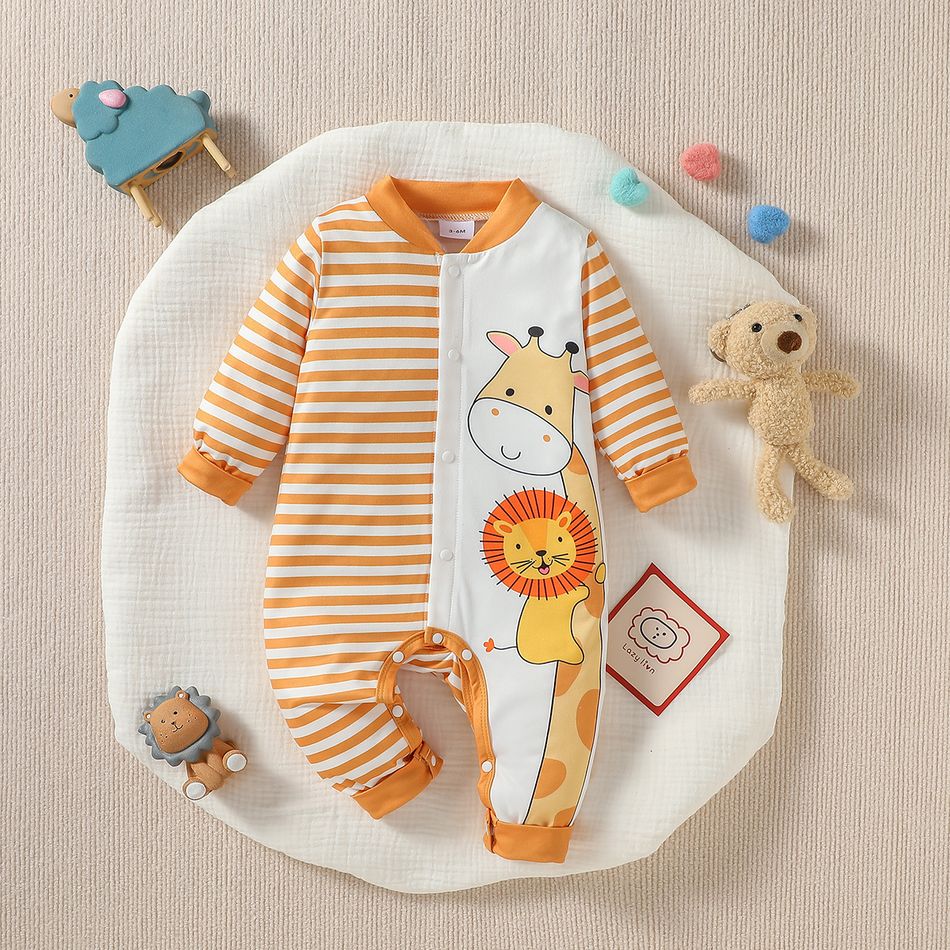 Baby Boy Animal Print & Striped Spliced Long-sleeve Jumpsuit Yellow big image 1