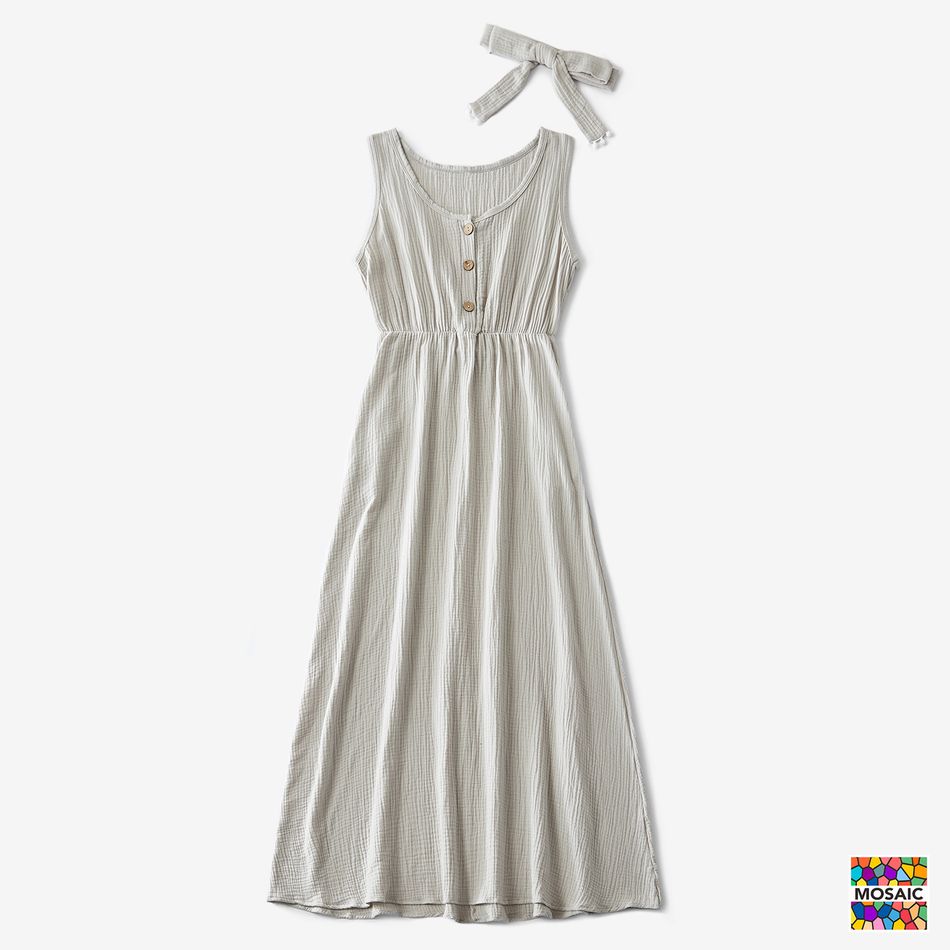Mosaic Solid Color 100% Cotton Matching Maxi Dresses with Headband Light Grey big image 2