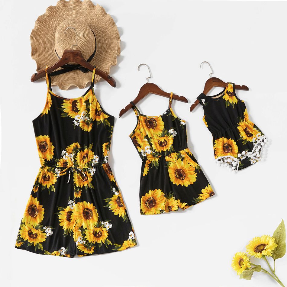 Sunflower and Daisy Print Matching Black Sling Shorts Rompers Black big image 1