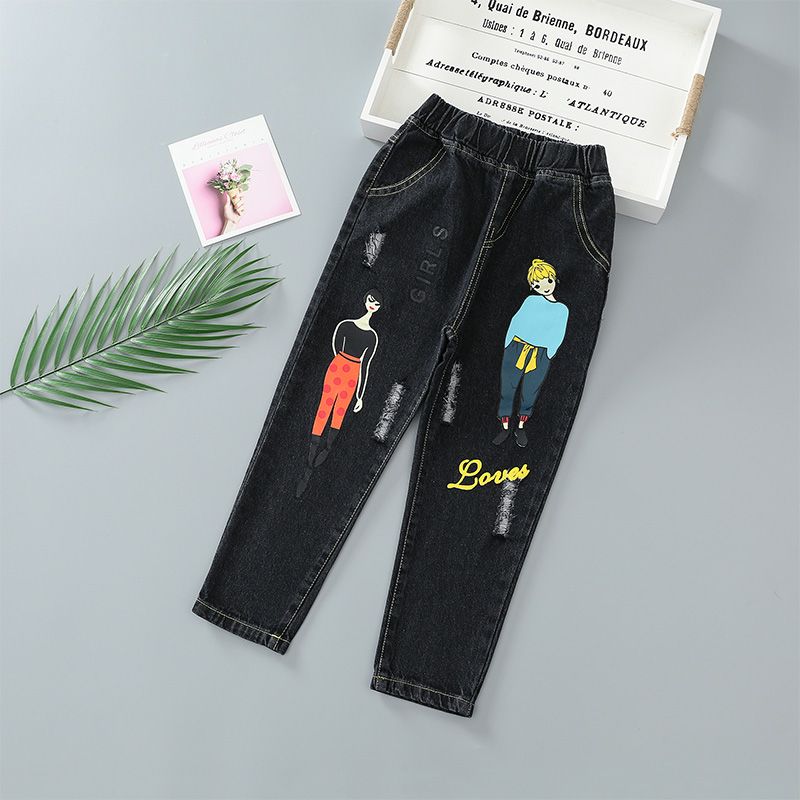 Fashionable Kid Girl Cartoon Letter Print Denim Elasticized Jeans Black