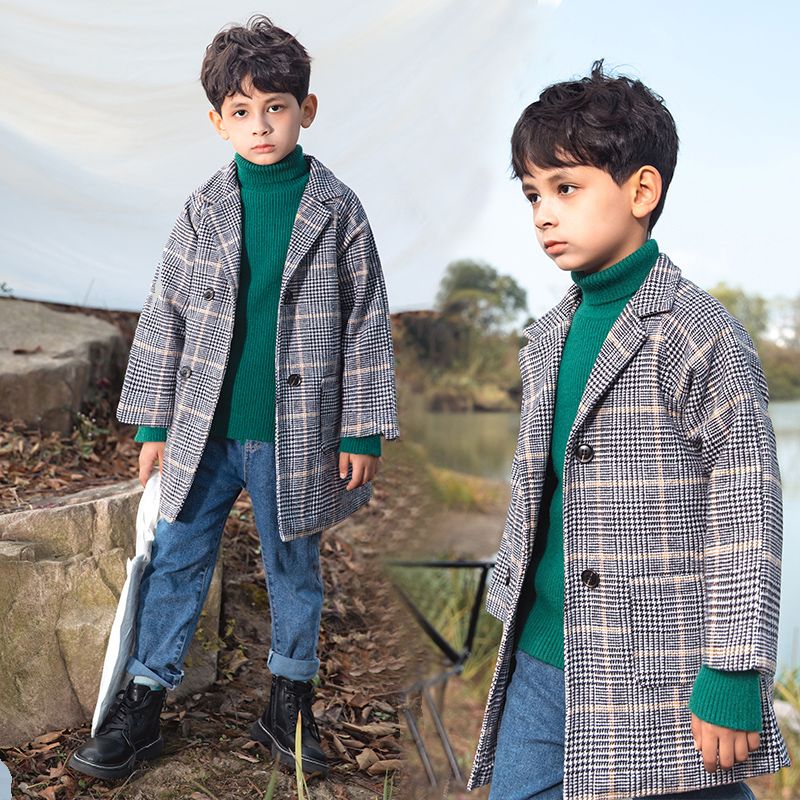 Kid Boy Houndstooth Plaid Double Breasted Lapel Collar Button Design Tweed Coat Grey