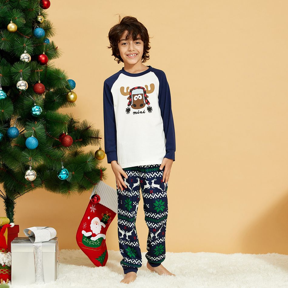 Christmas Family Moose Print Matching Pajamas Sets (Flame Resistant) Dark Blue/white big image 3