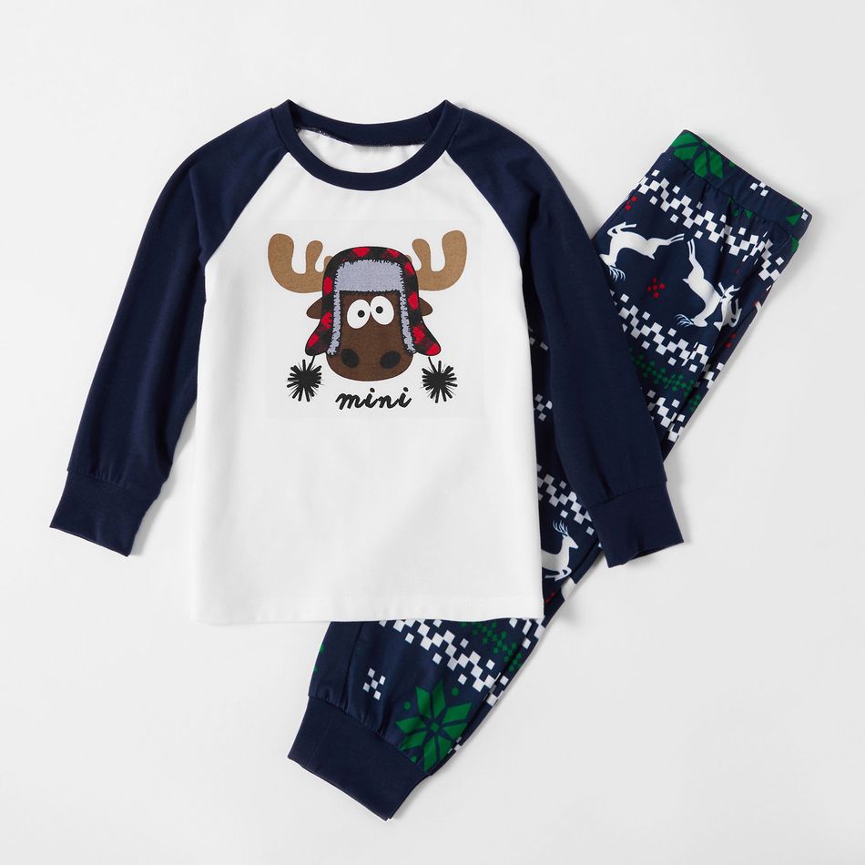 Christmas Family Moose Print Matching Pajamas Sets (Flame Resistant) Dark Blue/white big image 4