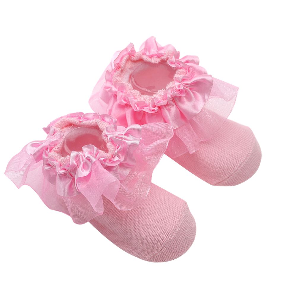 meias de cor sólida com acabamento em renda para bebê / criança Rosa Claro big image 1