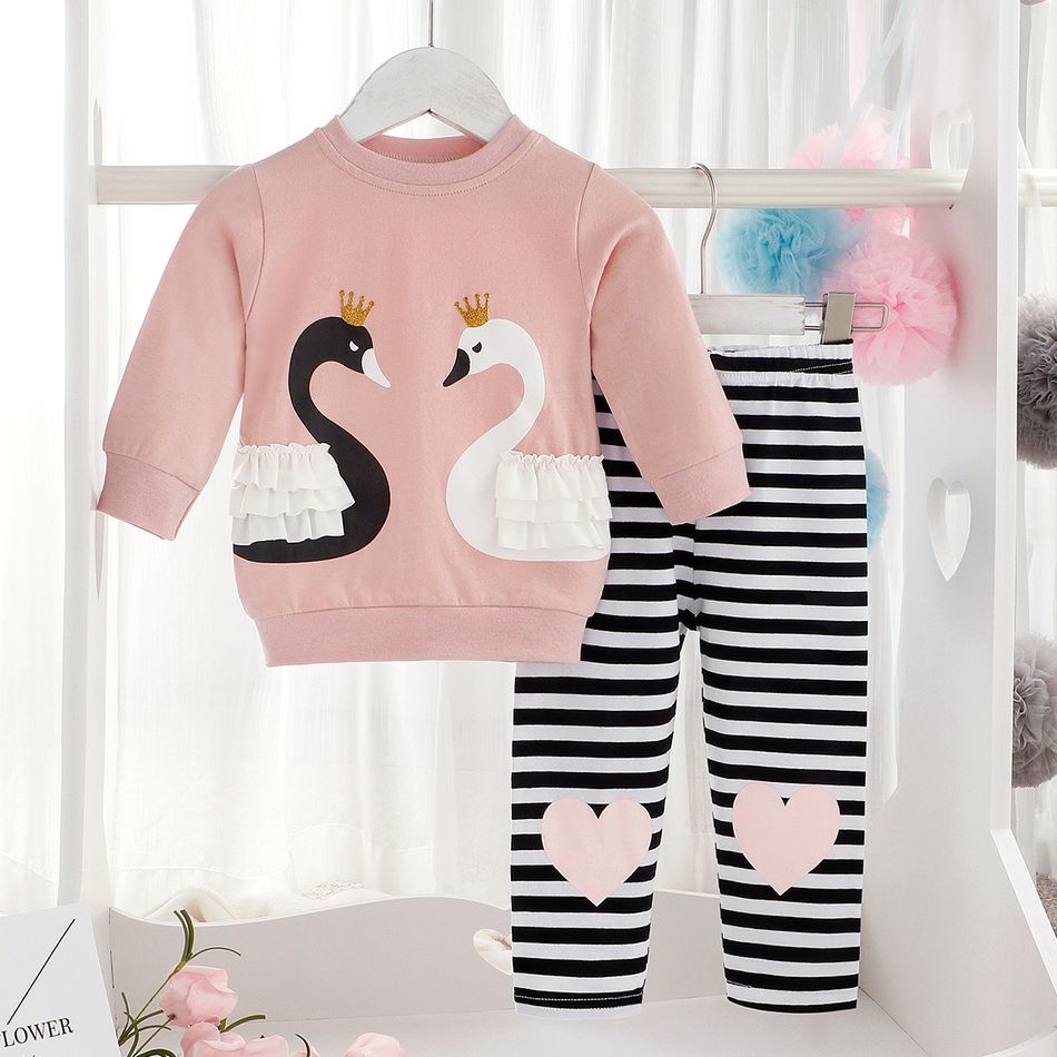 2pcs Swan and Stripe Print Long-sleeve Baby Set Pink big image 2